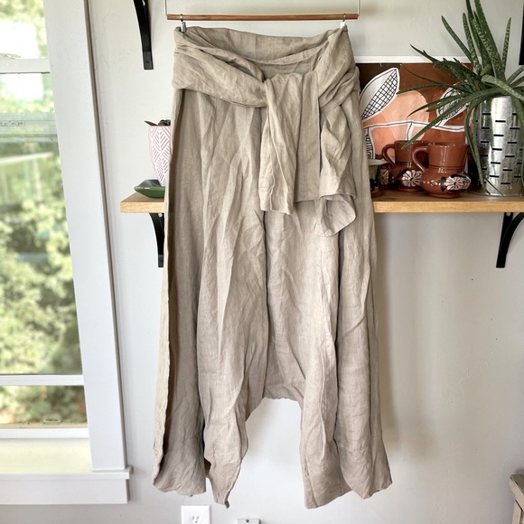 Sarah Pacini Oatmeal Beige Linen Harem Wide Leg Designer Pants with Sash Belt M - Picture 10 of 12